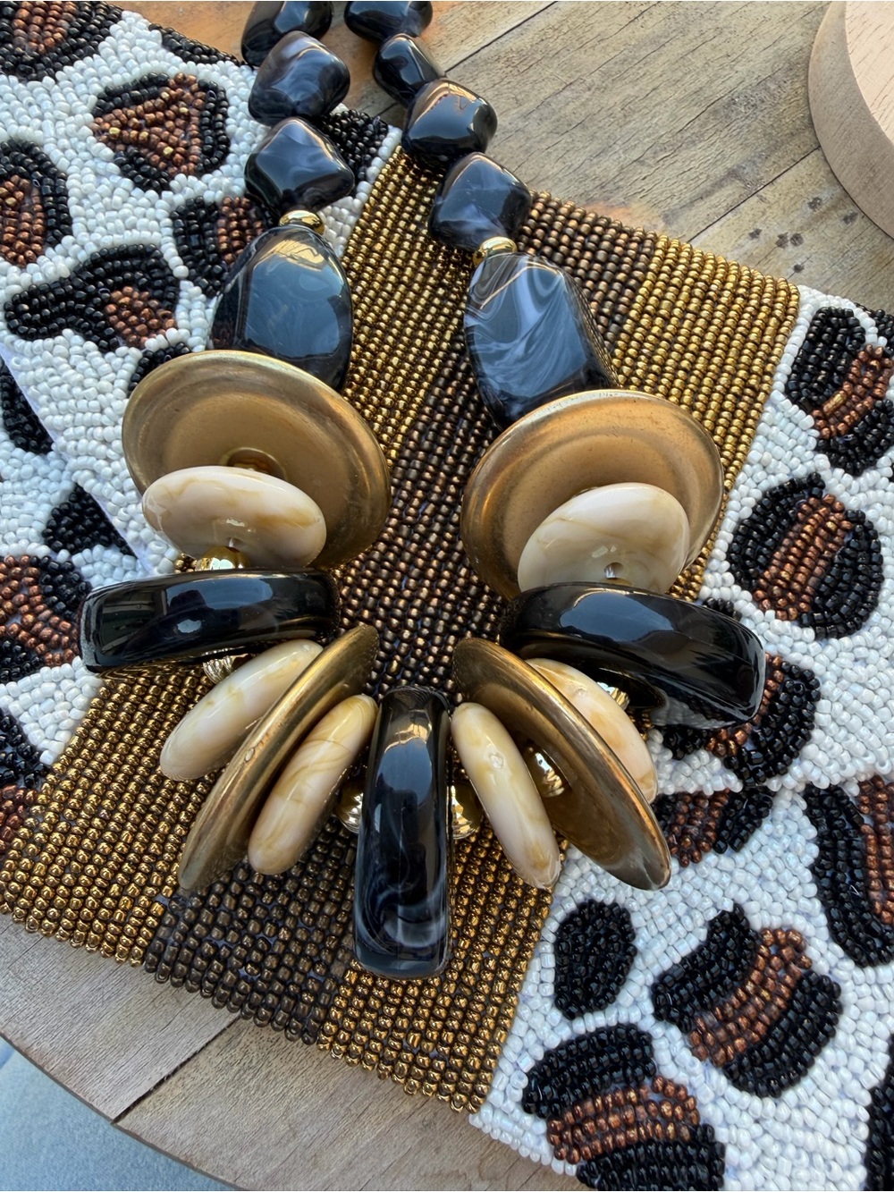 Statement Necklace & Beaded Leopard Clutch Set Black Gold Cream